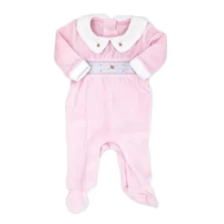 Rose Textiles Baby Sleepwear*Rose Textile - Baby Girls Smocking Floral Velour Coverall