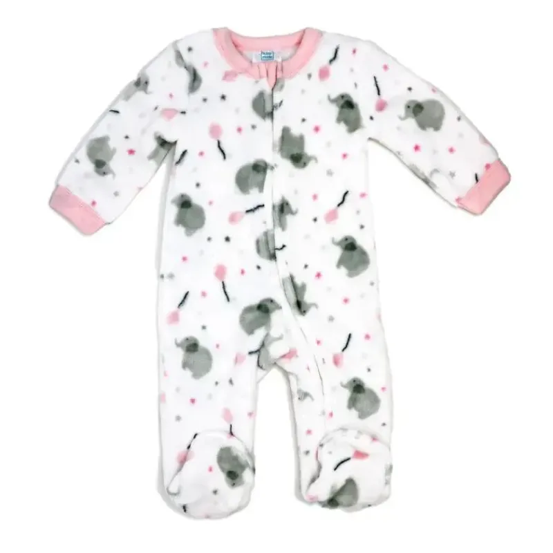 Rose Textiles Baby Sleepwear*Rose Textile - Baby Girls Printed Fleece Sleeper Pink Elephant