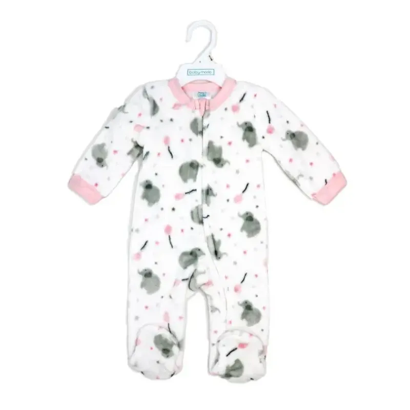 Rose Textiles Baby Sleepwear*Rose Textile - Baby Girls Printed Fleece Sleeper Pink Elephant