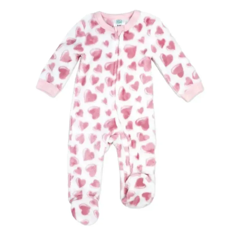Rose Textiles Baby Sleepwear*Rose Textile - Baby Girls Pink Hearts Printed Fleece Sleeper