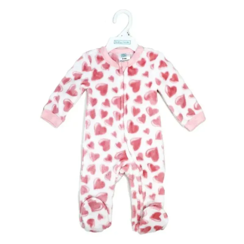 Rose Textiles Baby Sleepwear*Rose Textile - Baby Girls Pink Hearts Printed Fleece Sleeper