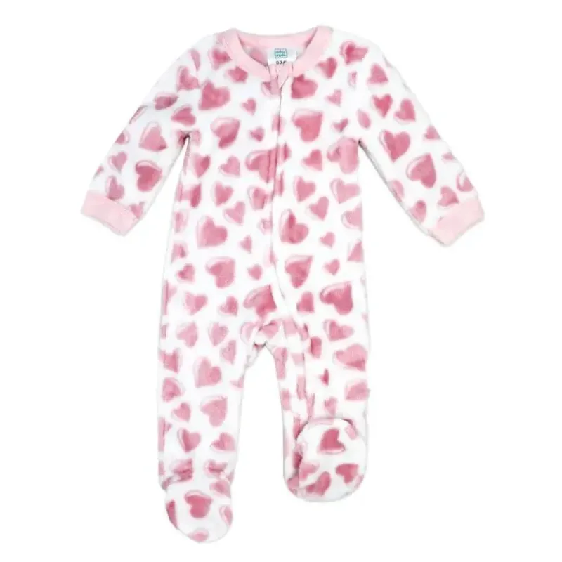 Rose Textiles Baby Sleepwear*Rose Textile - Baby Girls Pink Hearts Printed Fleece Sleeper