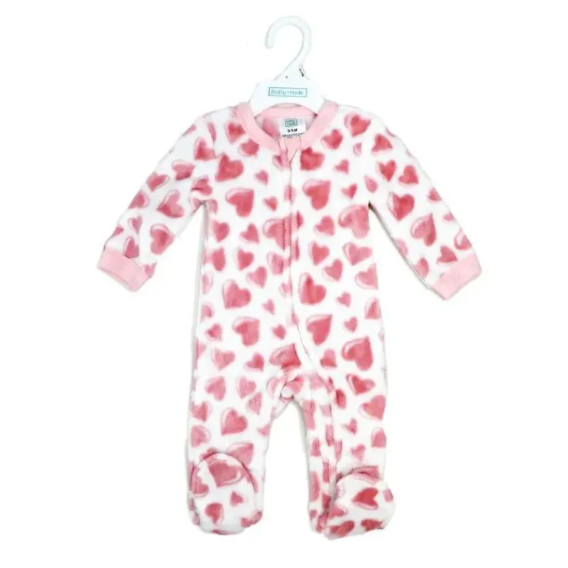 Rose Textiles Baby Sleepwear*Rose Textile - Baby Girls Pink Hearts Printed Fleece Sleeper