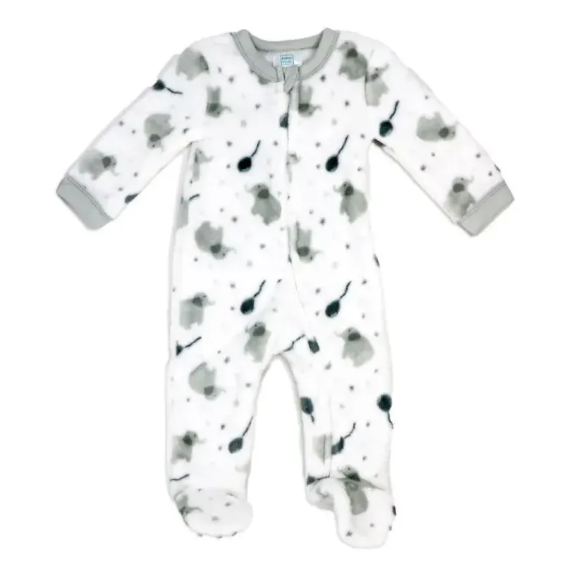 Rose Textiles Baby Sleepwear*Rose Textile - Baby Neutral Grey Elephant Printed Fleece Sleeper