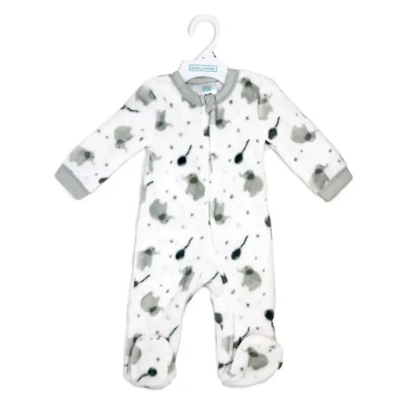 Rose Textiles Baby Sleepwear*Rose Textile - Baby Neutral Grey Elephant Printed Fleece Sleeper