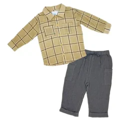 Rose Textiles Baby Sets*Rose Textile - 2Pk Baby Boys Gauze Pant Set, Beige Plaid