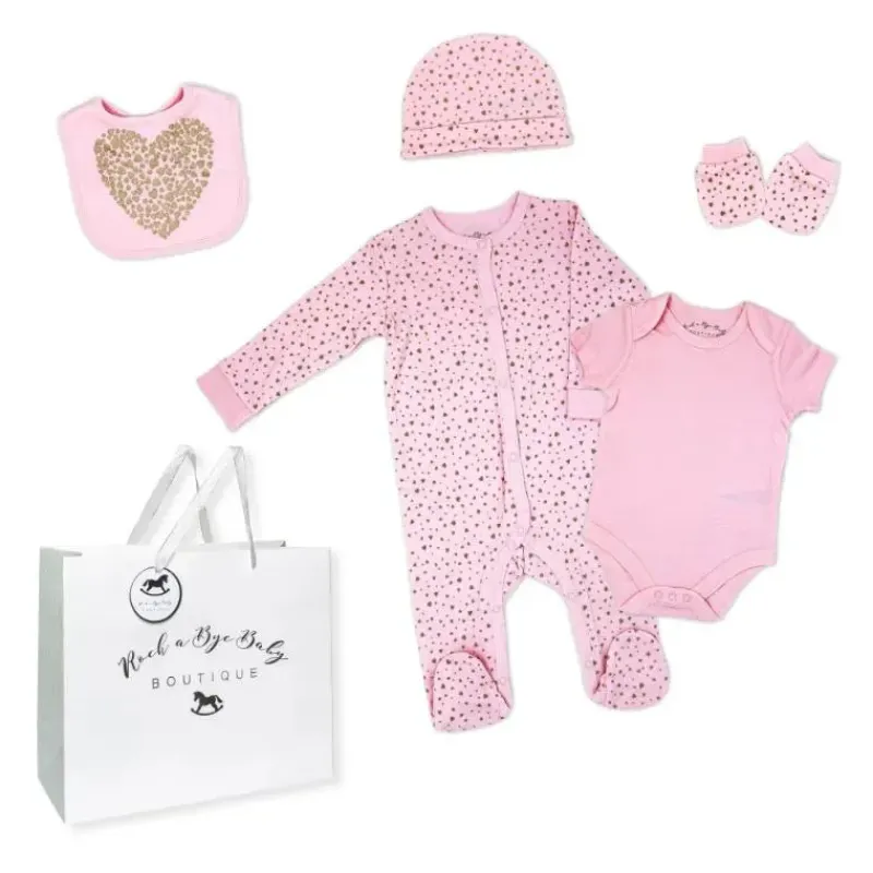 Rose Textiles Baby Sets*Rose Textile - 5Pk Baby Neutral Gold Heart Mesh Bag Set