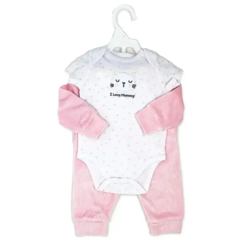 Rose Textiles Baby Sets*Rose Textile - 3Pk Velour Jacket Set, Pink I Love Mommy - Kitty - 3M