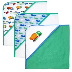 Rose Textiles Baby Bath Towels*- 3 Hooded Towels W/ 5 Washcloths:, Green Trucks