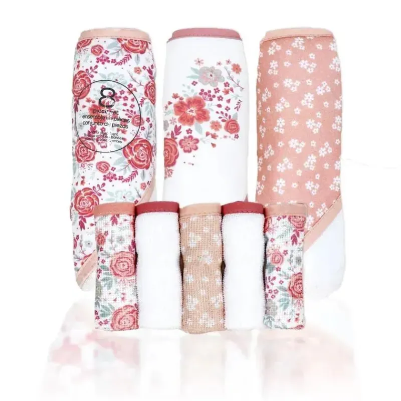 Rose Textiles Baby Bath Towels*- 3 Hooded Towels W/ 5 Washcloths, Pink Bouquet
