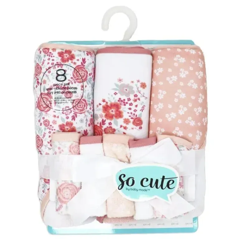 Rose Textiles Baby Bath Towels*- 3 Hooded Towels W/ 5 Washcloths, Pink Bouquet