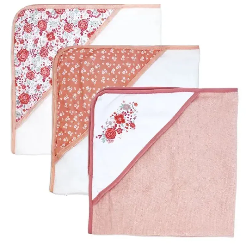 Rose Textiles Baby Bath Towels*- 3 Hooded Towels W/ 5 Washcloths, Pink Bouquet
