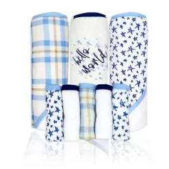 Rose Textiles Baby Bath Towels*- 3 Hooded Towels W/ 5 Washcloths, Navy Hello World