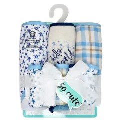 Rose Textiles Baby Bath Towels*- 3 Hooded Towels W/ 5 Washcloths, Navy Hello World