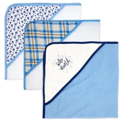 Rose Textiles Baby Bath Towels*- 3 Hooded Towels W/ 5 Washcloths, Navy Hello World