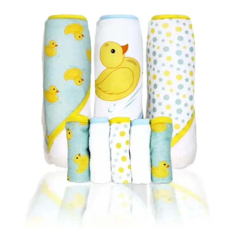 Rose Textiles Baby Bath Towels*- 3 Hooded Towels W/ 5 Washcloths, Aqua Duckies