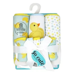 Rose Textiles Baby Bath Towels*- 3 Hooded Towels W/ 5 Washcloths, Aqua Duckies