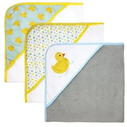 Rose Textiles Baby Bath Towels*- 3 Hooded Towels W/ 5 Washcloths, Aqua Duckies