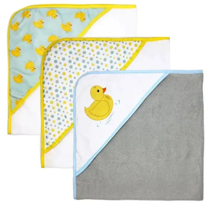 Rose Textiles Baby Bath Towels*- 3 Hooded Towels W/ 5 Washcloths, Aqua Duckies