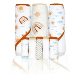 Rose Textiles Baby Bath Towels*- 3 Hooded Towels W/ 5 Washcloths, Peach Rainbows
