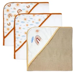 Rose Textiles Baby Bath Towels*- 3 Hooded Towels W/ 5 Washcloths, Peach Rainbows