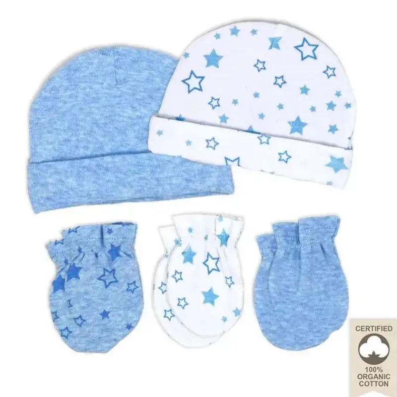 Rose Textiles Baby Hats*- 100% Organic Cotton 5 Pack - Hat & Mitt Set, Blue Star
