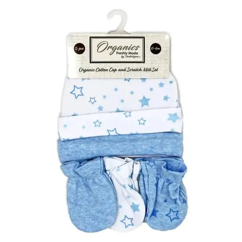 Rose Textiles Baby Hats*- 100% Organic Cotton 5 Pack - Hat & Mitt Set, Blue Star
