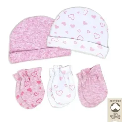 Rose Textiles Baby Hats*- 100% Organic Cotton 5 Pack - Hat & Mitt Set, Pink Heart