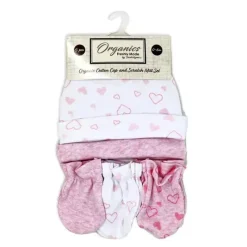Rose Textiles Baby Hats*- 100% Organic Cotton 5 Pack - Hat & Mitt Set, Pink Heart