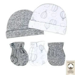Rose Textiles Baby Hats*- 100% Organic Cotton 5 Pack - Hat & Mitt Set, Grey Hot Air Balloon