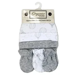 Rose Textiles Baby Hats*- 100% Organic Cotton 5 Pack - Hat & Mitt Set, Grey Hot Air Balloon