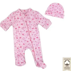 Rose Textiles Baby Sleepwear*- 100% Organic Heather Heart Sleeper + Hat, Pink