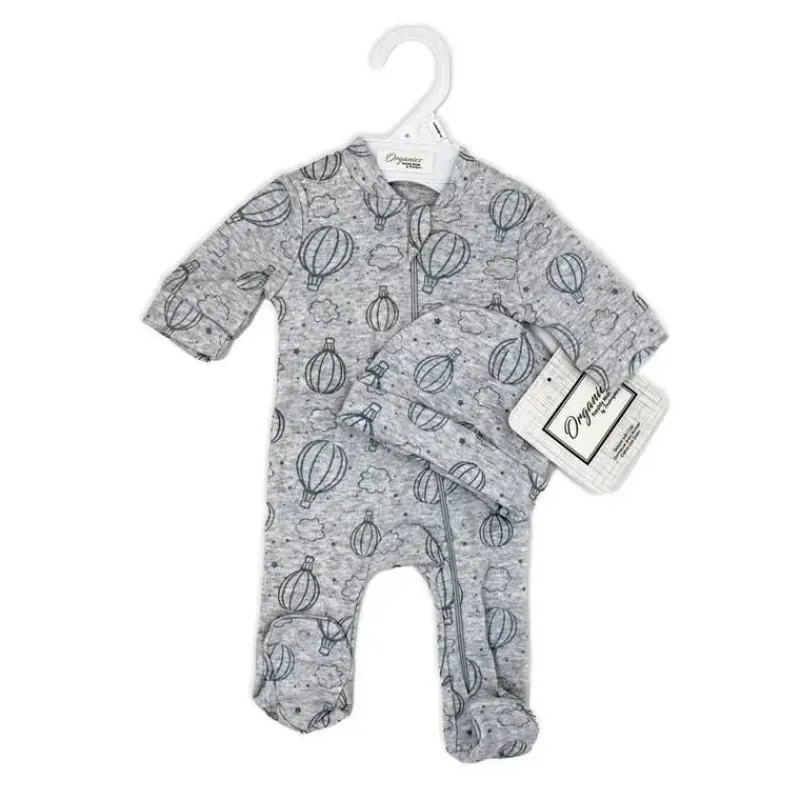 Rose Textiles Baby Sleepwear*- 100% Organic Heather Hot Air Balloon Sleeper + Hat, Grey