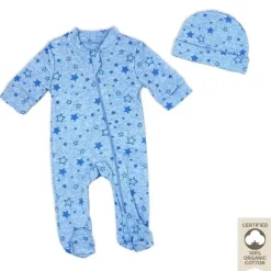 Rose Textiles Baby Sleepwear*- 100% Organic Heather Star Sleeper + Hat, Blue