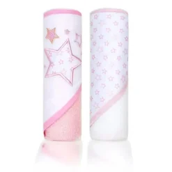 Rose Textiles Baby Bath Towels*- 2 Pack Hooded Towel Set, Pink Stars