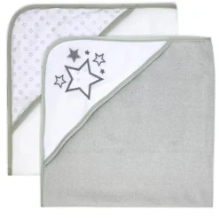 Rose Textiles Baby Bath Towels*- 2 Pack Hooded Towel Set, Grey Stars