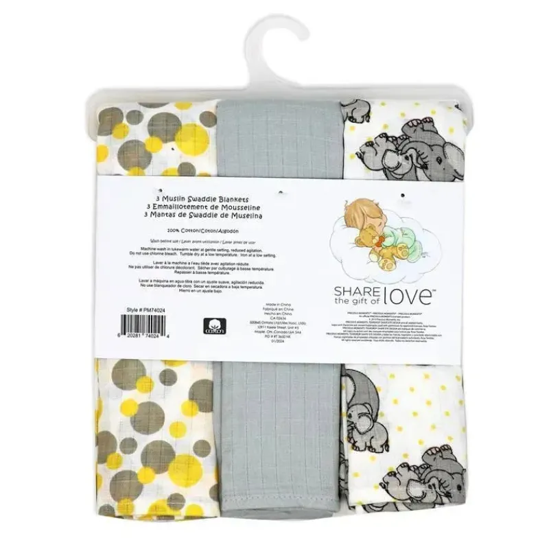 Rose Textiles Blankets & Quilts*- 3 Pack Muslin Swaddle Blanket, Elephant Yellow