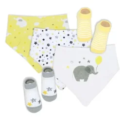 Rose Textiles Baby Hats*- 5 Pc Bib And Socks Set, Yellow Elephant