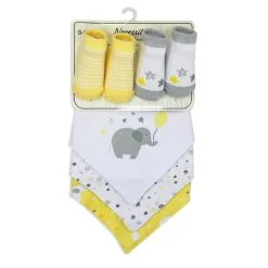 Rose Textiles Baby Hats*- 5 Pc Bib And Socks Set, Yellow Elephant
