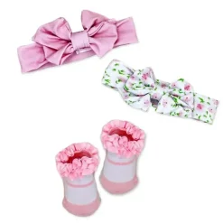 Rose Textiles Baby Hair Accessories*- 3 Pc Socks And Bowties Set, Pink Flower