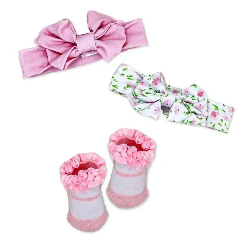Rose Textiles Baby Hair Accessories*- 3 Pc Socks And Bowties Set, Pink Flower