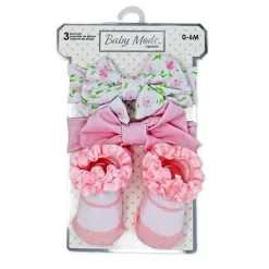 Rose Textiles Baby Hair Accessories*- 3 Pc Socks And Bowties Set, Pink Flower