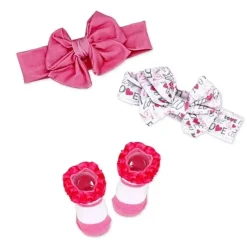 Rose Textiles Baby Hair Accessories*- 3 Pc Socks And Bowties Set, Pink Love
