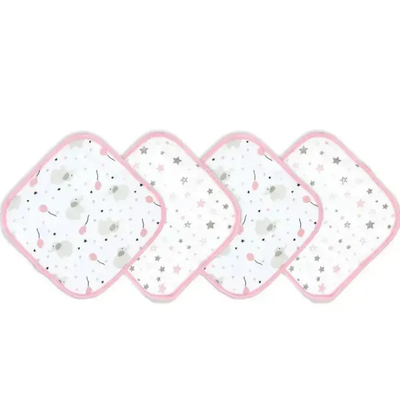 Rose Textiles Baby Washcloths*- 4 Pc Washcloth Set- Pink Elephant & Balloon