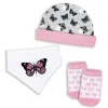 Rose Textiles Baby Hair Accessories*- 3 Pcs Socks, Hat And Bib, Pink Butterfly