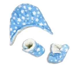 Rose Textiles Baby Hats*- Baby Boy All Over Print Plush Hat & Bootie Set, Blue
