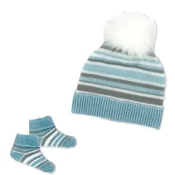 Rose Textiles Baby Hats*- Baby Boy Blue Striped Knit Hat & Bootie Set