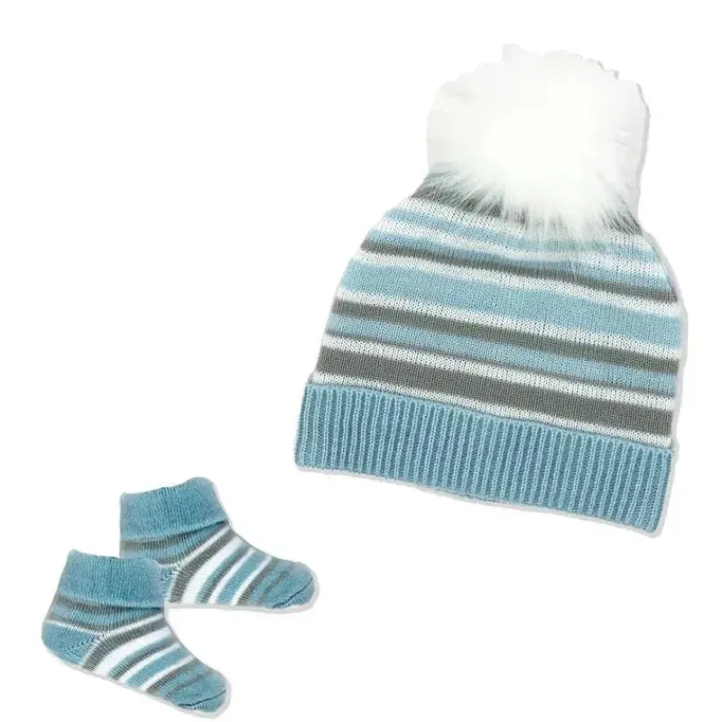 Rose Textiles Baby Hats*- Baby Boy Blue Striped Knit Hat & Bootie Set