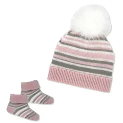 Rose Textiles Baby Hats*- Baby Girl Pink Striped Knit Hat & Bootie Set