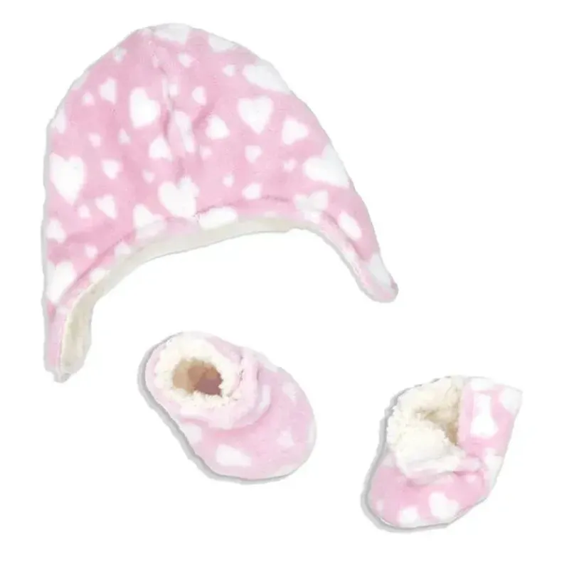 Rose Textiles Baby Sets*- Baby Girl All Over Print Plush Hat & Bootie Set, Pink